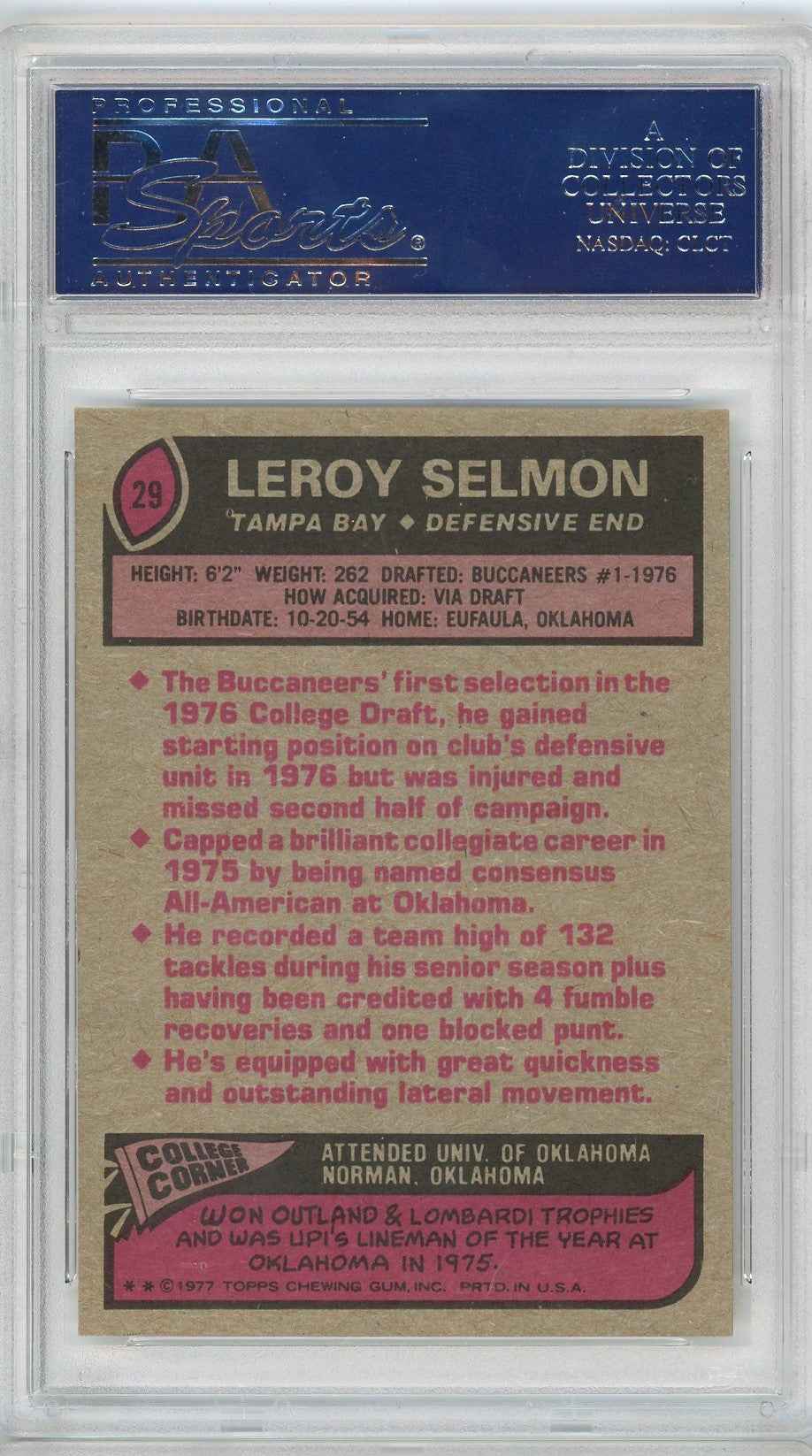 Graded 1977 Topps Leroy Lee Roy Selmon #29 Rookie RC Football Card PSA 8 NM-MT