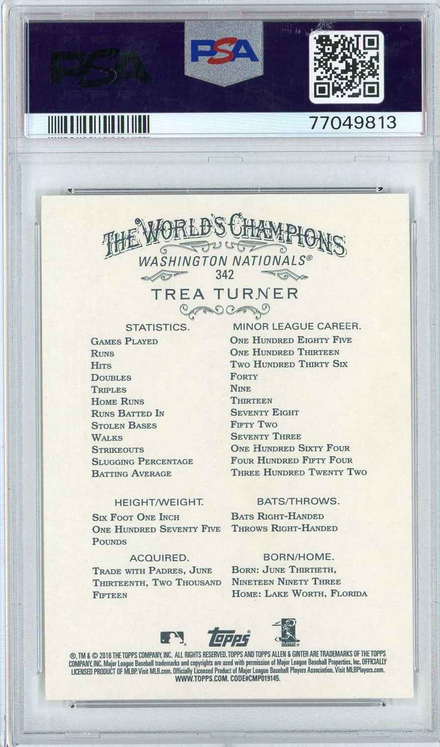 Graded 2016 Topps Allen & Ginter Trea Turner #342 Rookie RC Baseball Card PSA 10 Gem Mint