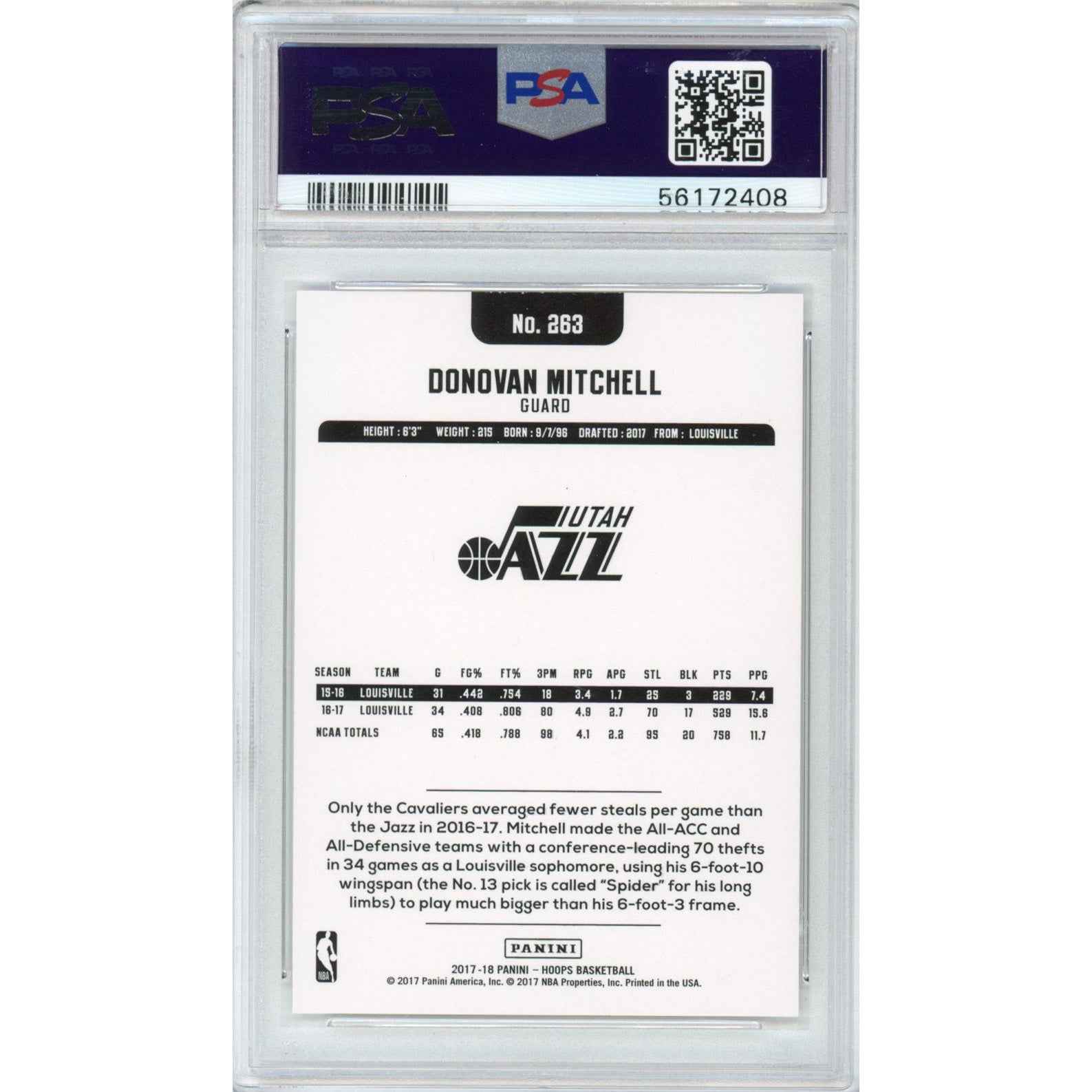 Graded 2017-18 Panini Hoops Donovan Mitchell #263 Rookie RC Basketball Card PSA 10 Gem Mint