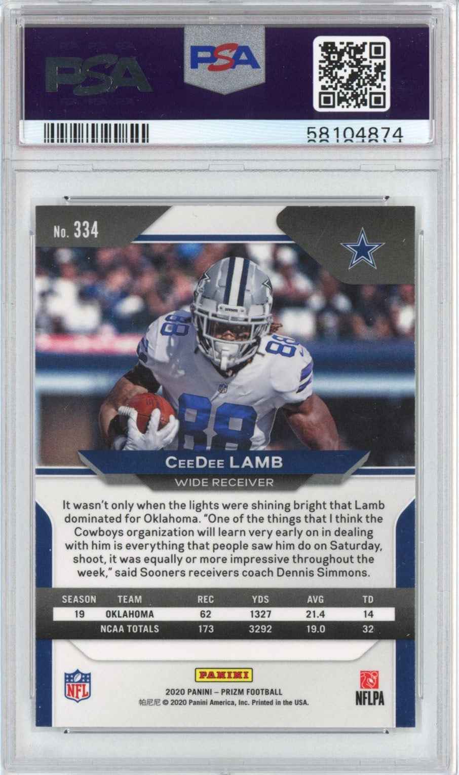 Graded 2020 Panini Prizm CeeDee Lamb #334 SP Rookie RC Football Card PSA 10 Gem Mint