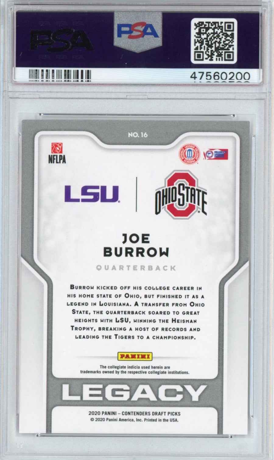 Graded 2020 Panini Contenders DP Draft Picks Joe Burrow #16 Legacy Rookie RC Football Card PSA 10 Gem Mint