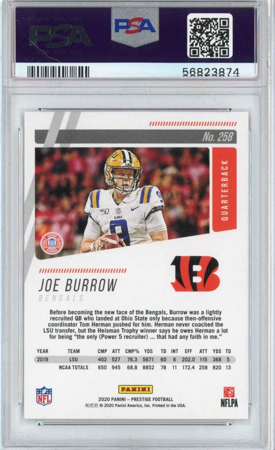 Graded 2020 Panini Prestige Joe Burrow #258 Rookie RC Football Card PSA 9 Mint
