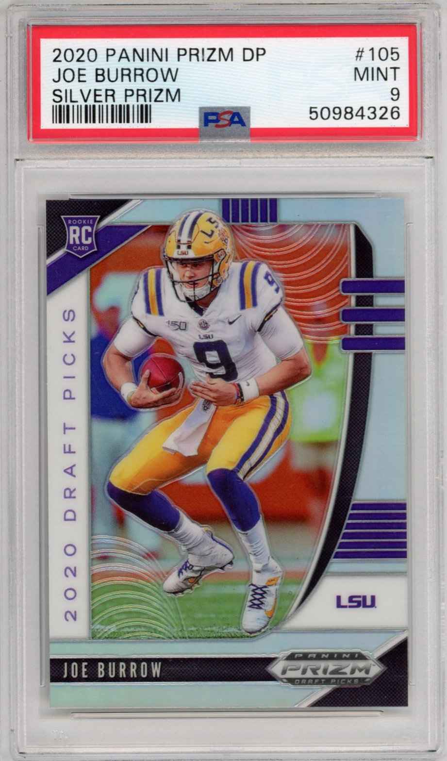 Graded 2020 Panini Prizm Draft Picks DP Joe Burrow #105 Silver Rookie RC Football Card PSA 9 Mint