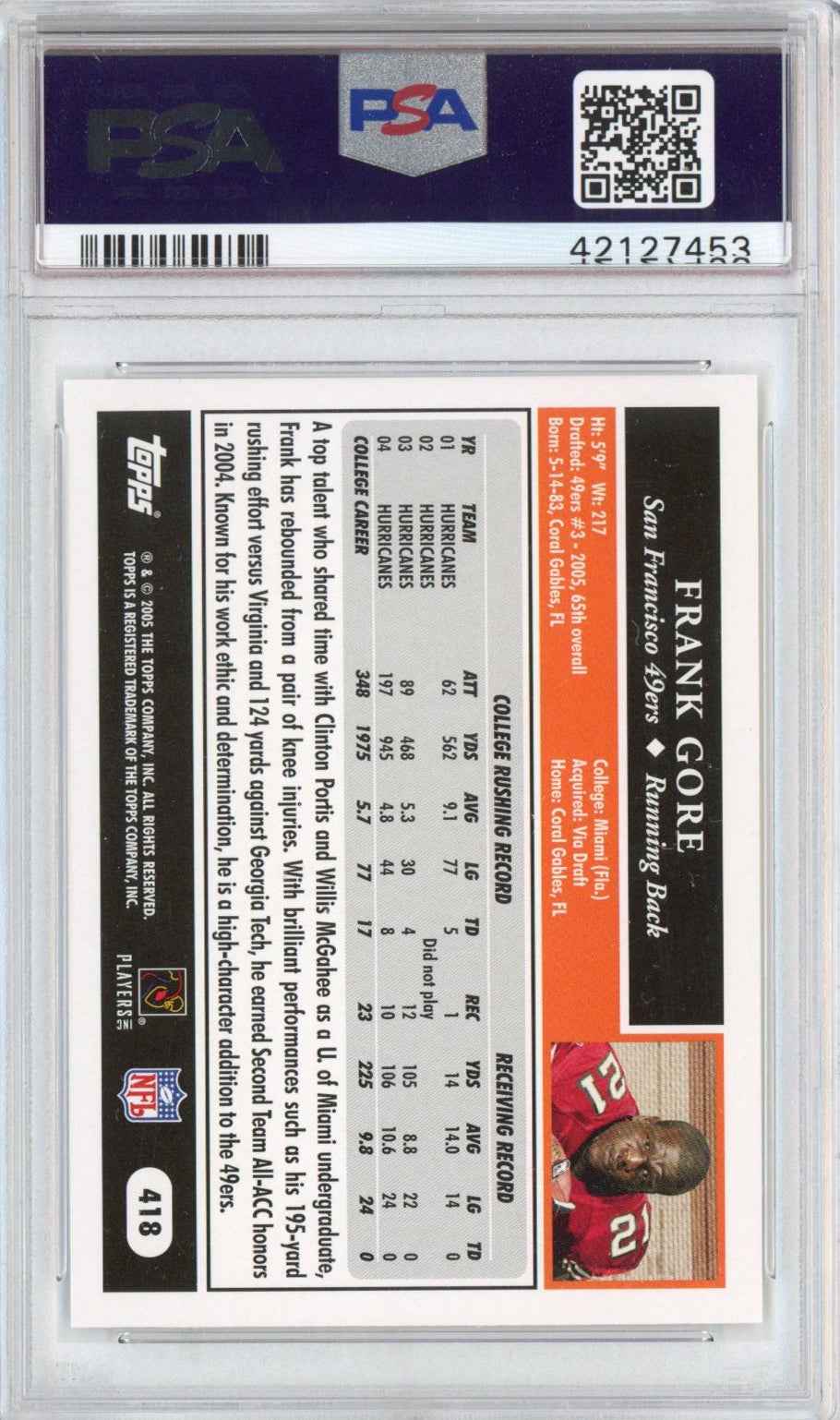 Graded 2005 Topps Frank Gore #418 Rookie RC Football Card PSA 10 Gem Mint