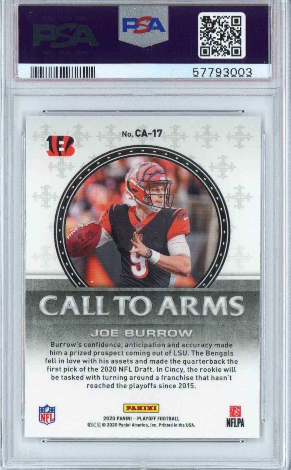 Graded 2020 Panini Playoff Joe Burrow #CA17 Call To Arms Rookie RC Football Card PSA 10 Gem Mint