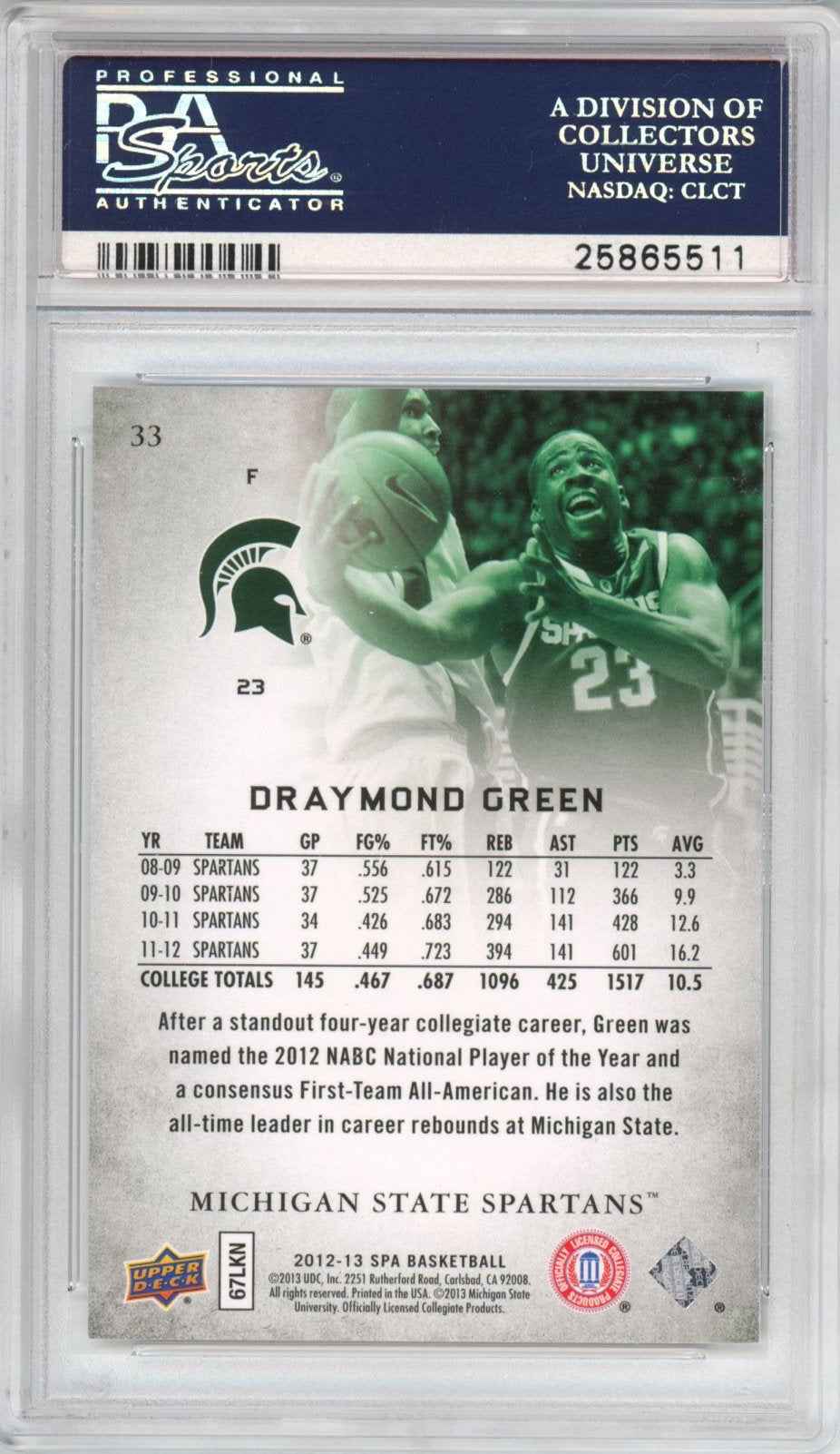Graded 2012-13 Upper Deck UD SP Authentic Draymond Green #33 Rookie RC Basketball Card PSA 10 Gem Mint