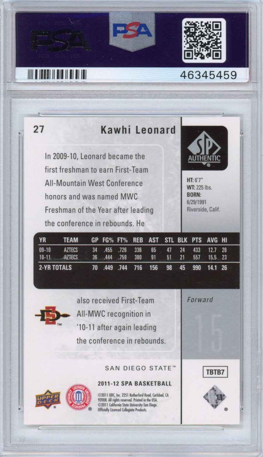 Graded 2011-12 Upper Deck UD SP Authentic Kawhi Leonard #27 Rookie RC Basketball Card PSA 10 Gem Mint