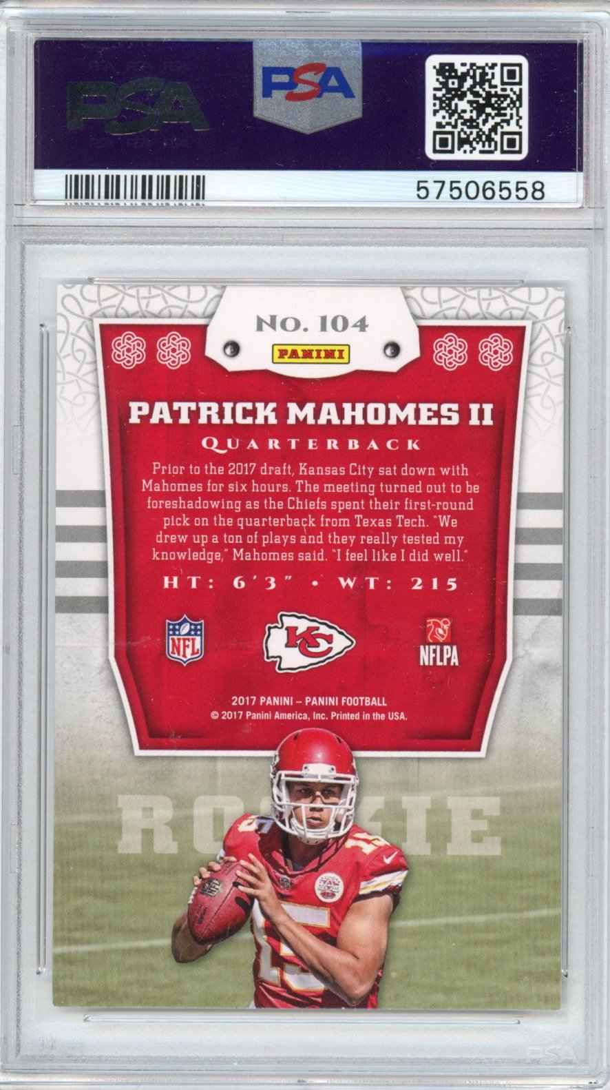 Graded 2017 Panini Patrick Mahomes II #104 Rookie RC Football Card PSA 9 Mint