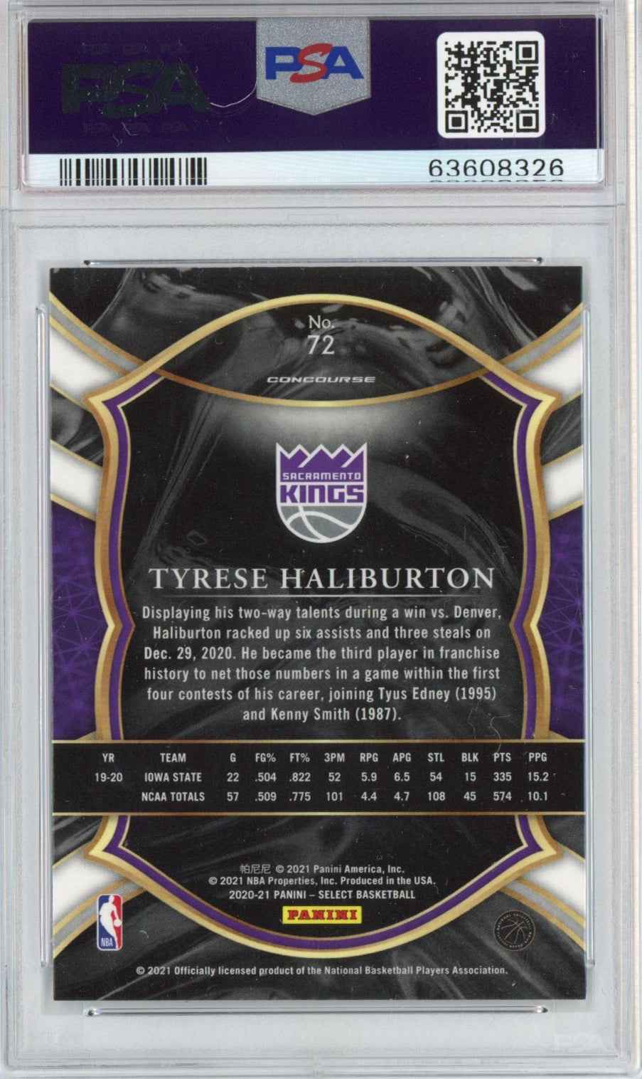 Graded 2020-21 Panini Select Tyrese Haliburton #72 Concourse Rookie RC Basketball Card PSA 10 Gem Mint
