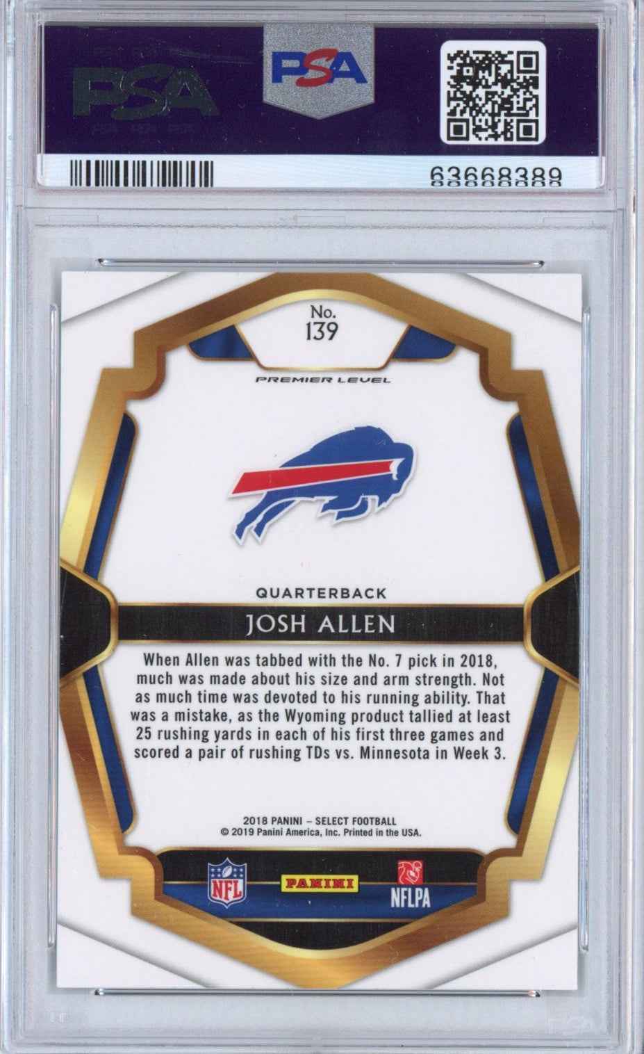 Graded 2018 Panini Select Josh Allen #139 Premier Level Jersey Rookie RC Football Card PSA 10 Gem Mint