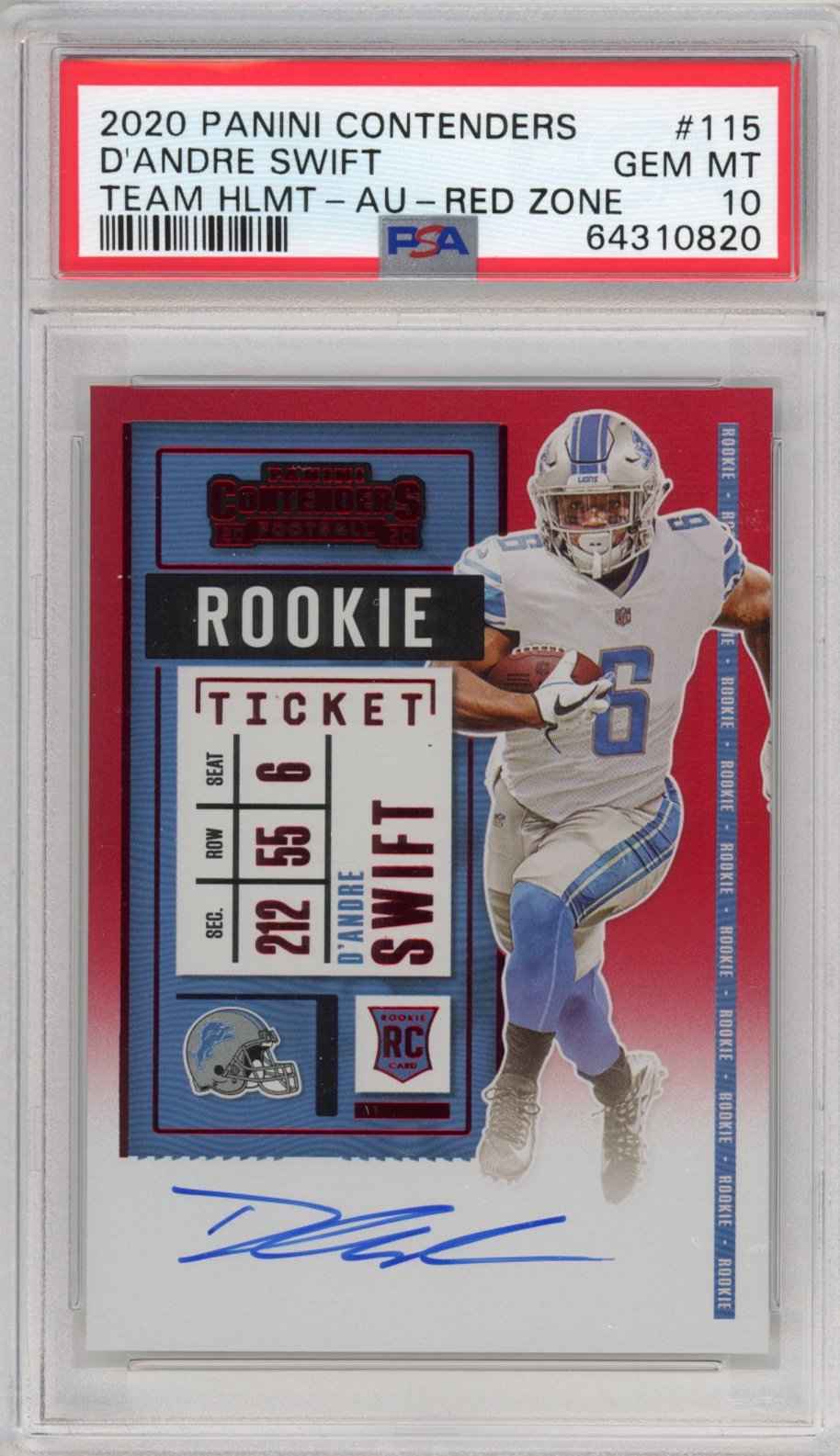 Graded 2020 Panini Contenders D'Andre Swift #115 Red Zone Team Helmet Autographed Auto Rookie Ticket RC Football Card PSA 10 Gem Mint