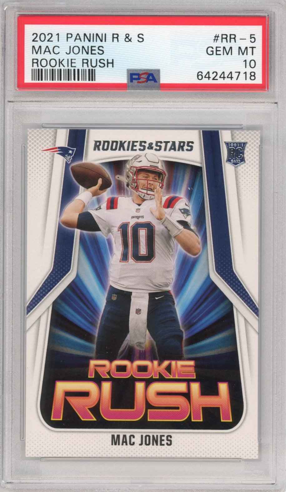 Graded 2021 Panini Rookies & Stars Mac Jones #RR-5 Rookie Rush RC Football Card PSA 10 Gem Mint