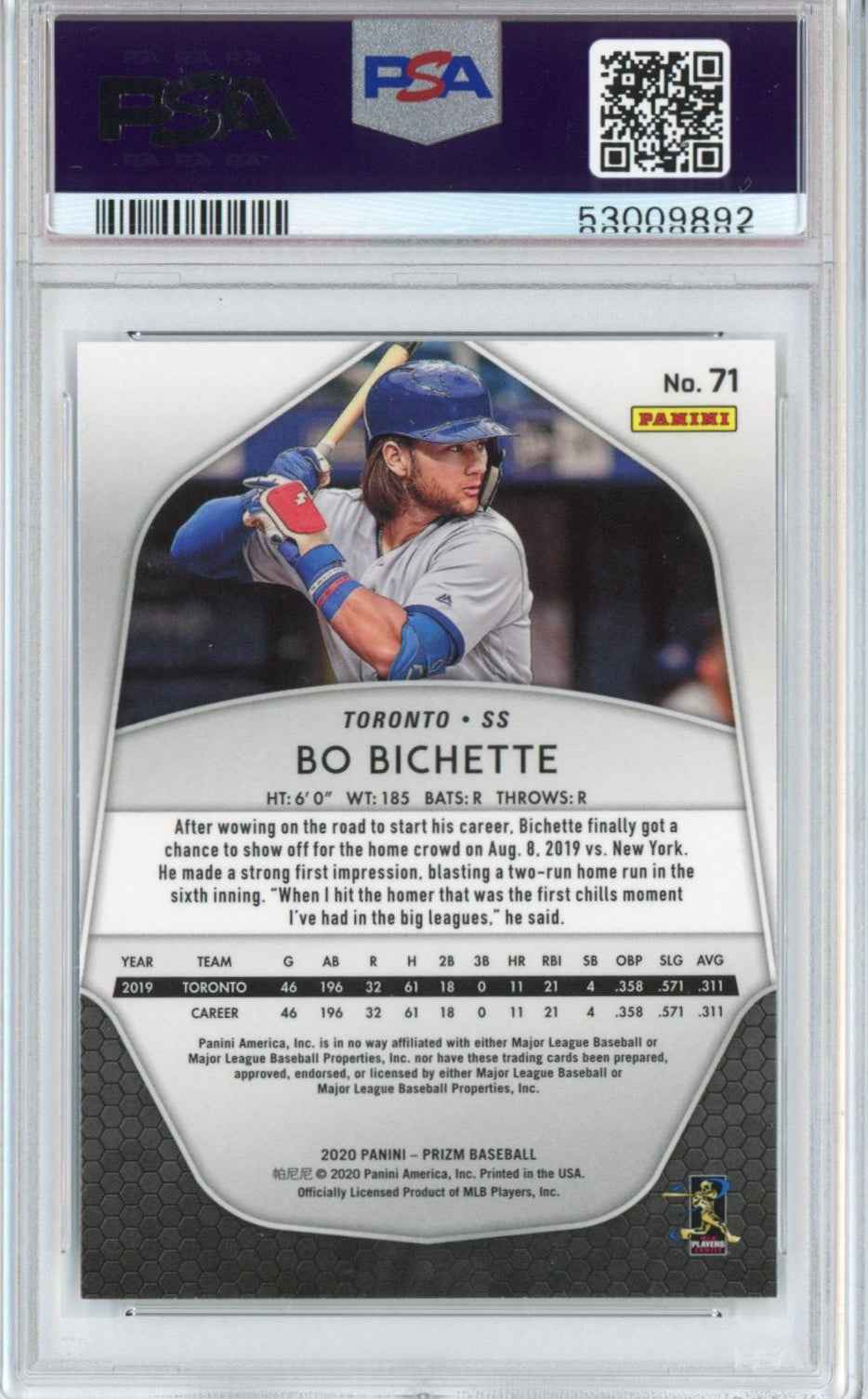 Graded 2020 Panini Prizm Bo Bichette #71 Rookie RC Baseball Card PSA 10 Gem Mint