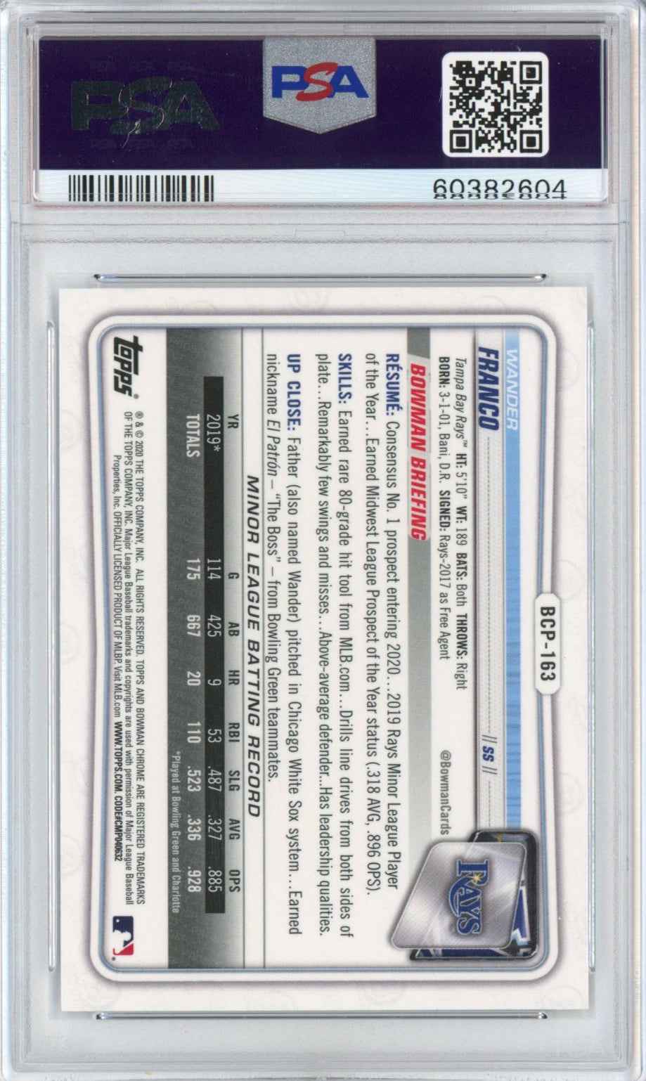 Graded 2020 Bowman Chrome Prospects Wander Franco #BCP163 Rookie RC Baseball Card PSA 10 Gem Mint