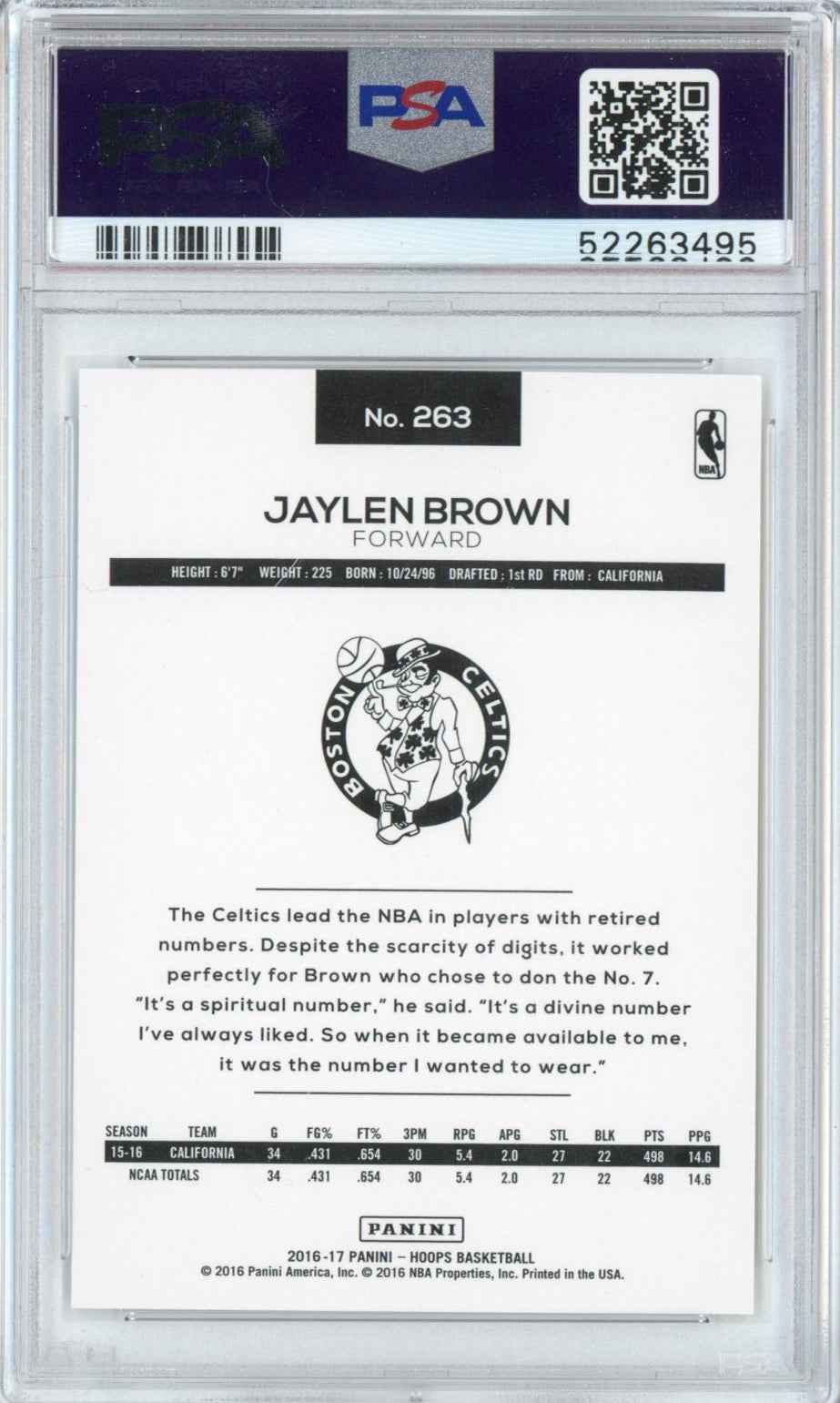 Graded 2016-17 Panini Hoops Jaylen Brown #263 Rookie RC Basketball Card PSA 10 Gem Mint