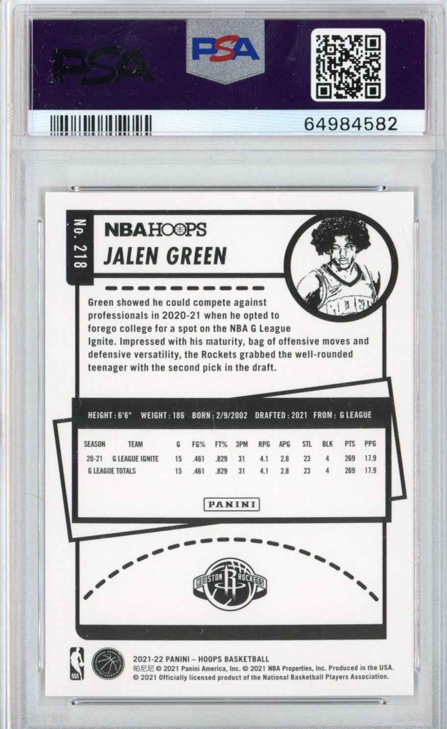 Graded 2021-22 Panini NBA Hoops Jalen Green #218 Rookie RC Basketball Card PSA 10 Gem Mint