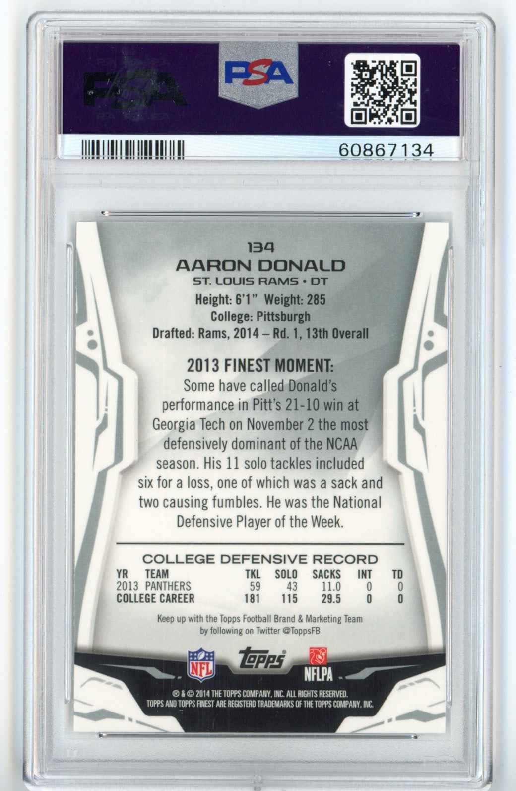 Graded 2014 Topps Finest Aaron Donald #134 Rookie RC Football Card PSA 10 Gem Mint