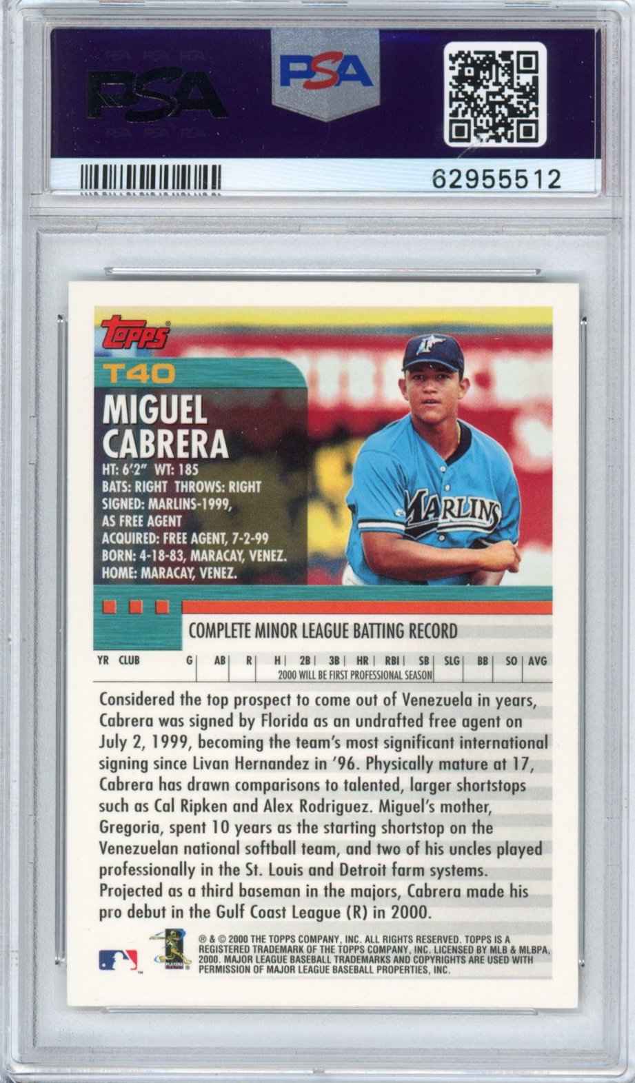Graded 2000 Topps Traded Miguel Cabrera #T40 Rookie RC Baseball Card PSA 10 Gem Mint