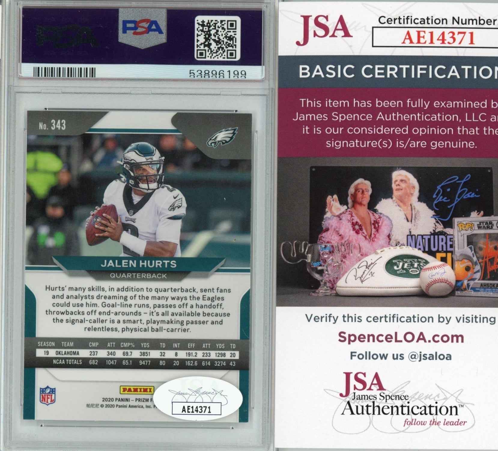Graded 2020 Panini Prizm Jalen Hurts #343 AUTO Rookie RC Football Card PSA 10 JSA COA