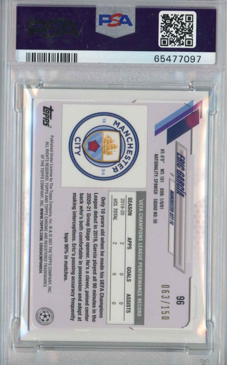 Graded 2020 Topps Chrome X Steve Aoki Eric Garcia #96 Aqua Rookie RC Soccer Card PSA 10 Gem Mint