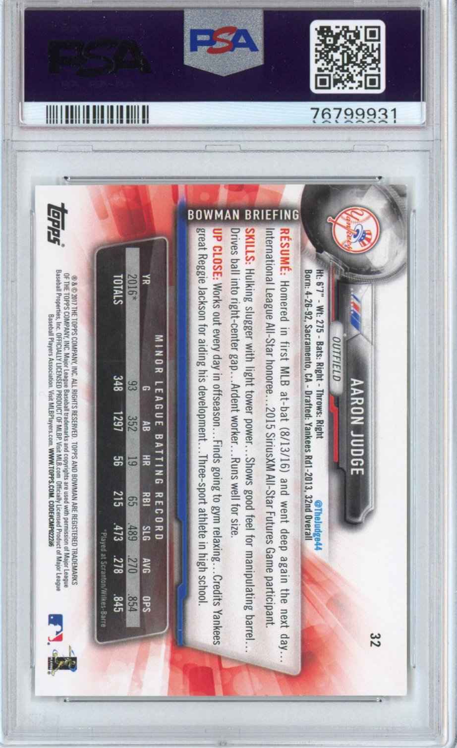 Graded 2017 Topps Bowman Aaron Judge #32 Rookie Debut RC Baseball Card PSA 9 Mint