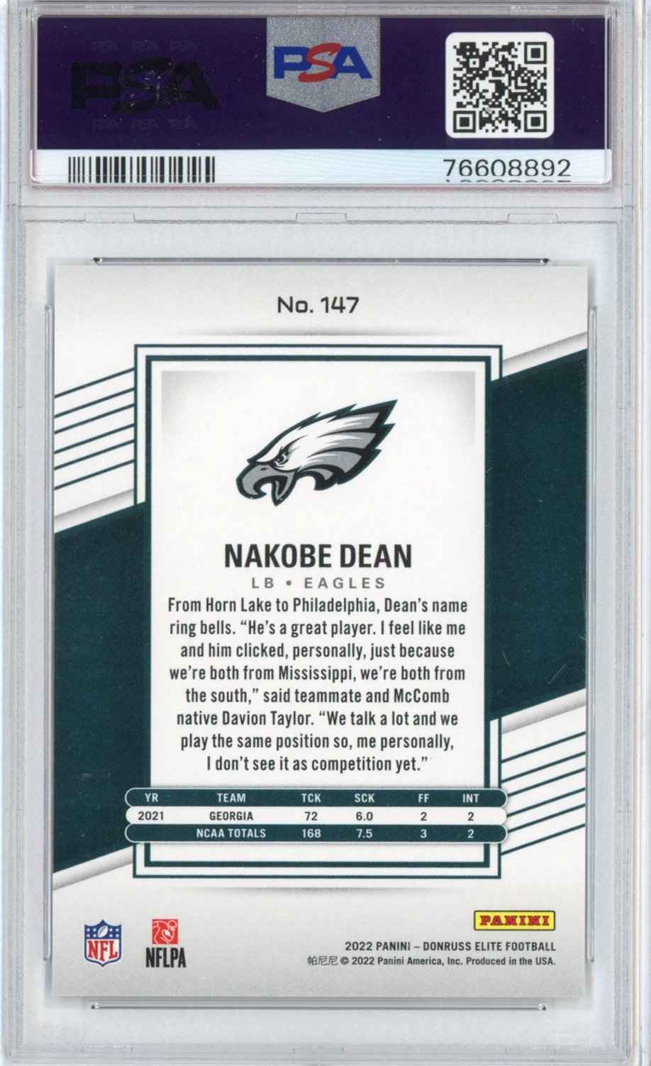 Graded 2022 Panini Donruss Elite Nakobe Dean #147 Rookie RC Football Card PSA 10