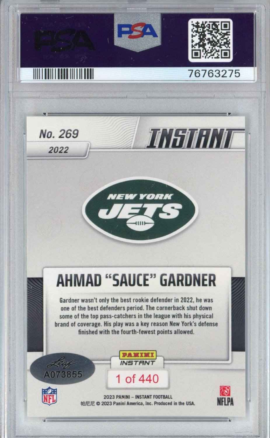 Graded 2022 Panini Instant Ahmad Sauce Gardner #269 Rookie RC Football Card PSA 8 Auto 10