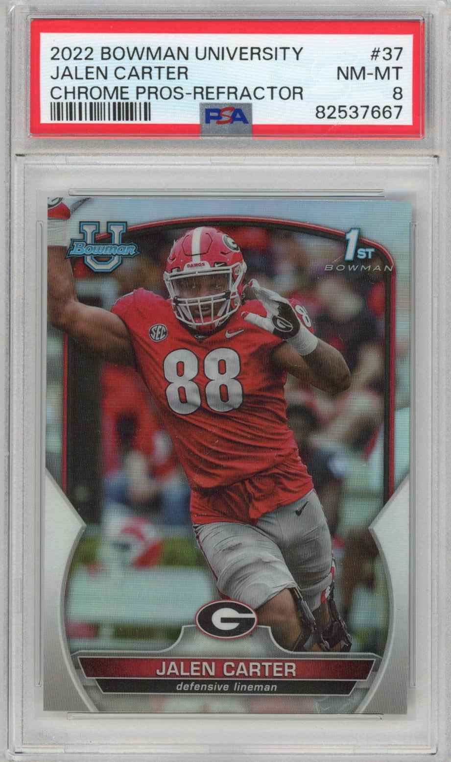 Graded 2022 Bowman University Jalen Carter #37 Chrome Refractor Rookie RC Football Card PSA 8 Mint