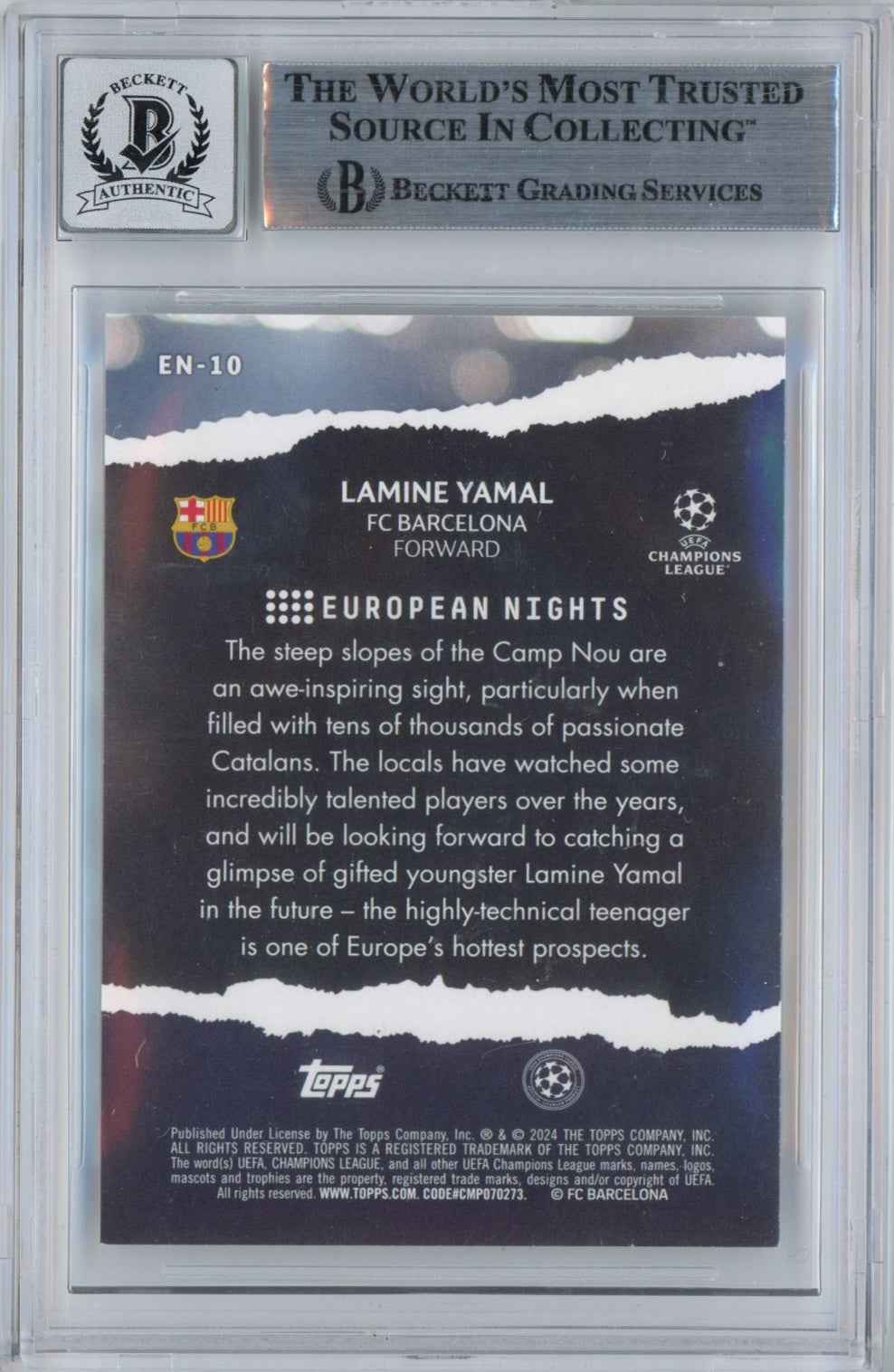 Graded 2023-24 Topps UCC Lamine Yamal #EN10 European Nights Signed Rookie RC Soccer Card Beckett BAS BGS Auto 10