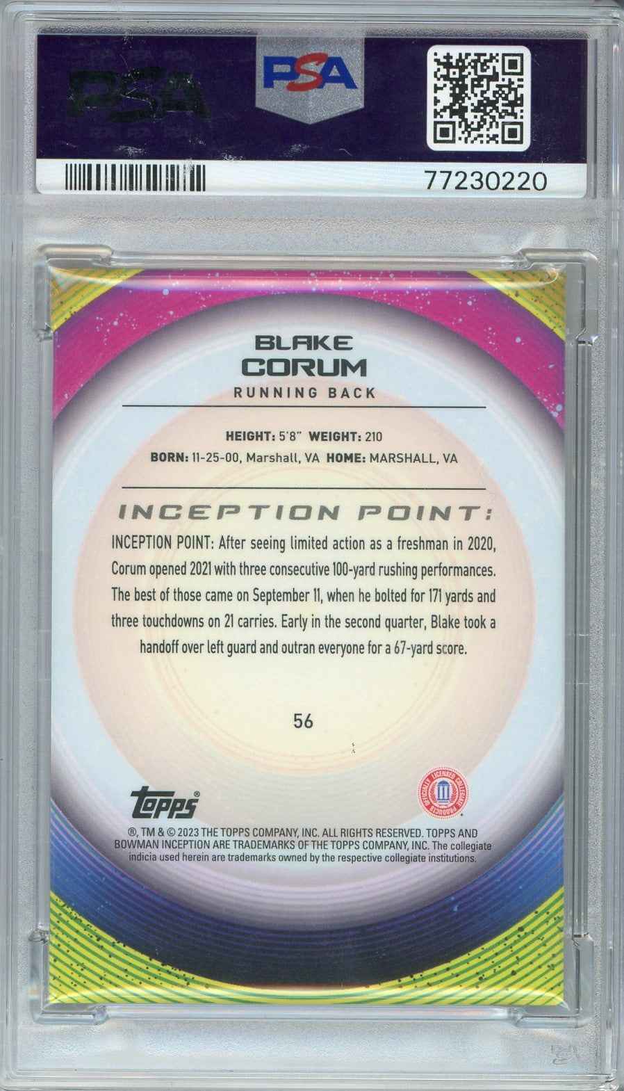 Graded 2022 Bowman U Inception Blake Corum #56 Aqua V1 Foil Rookie RC Football Card PSA 10 Gem Mint
