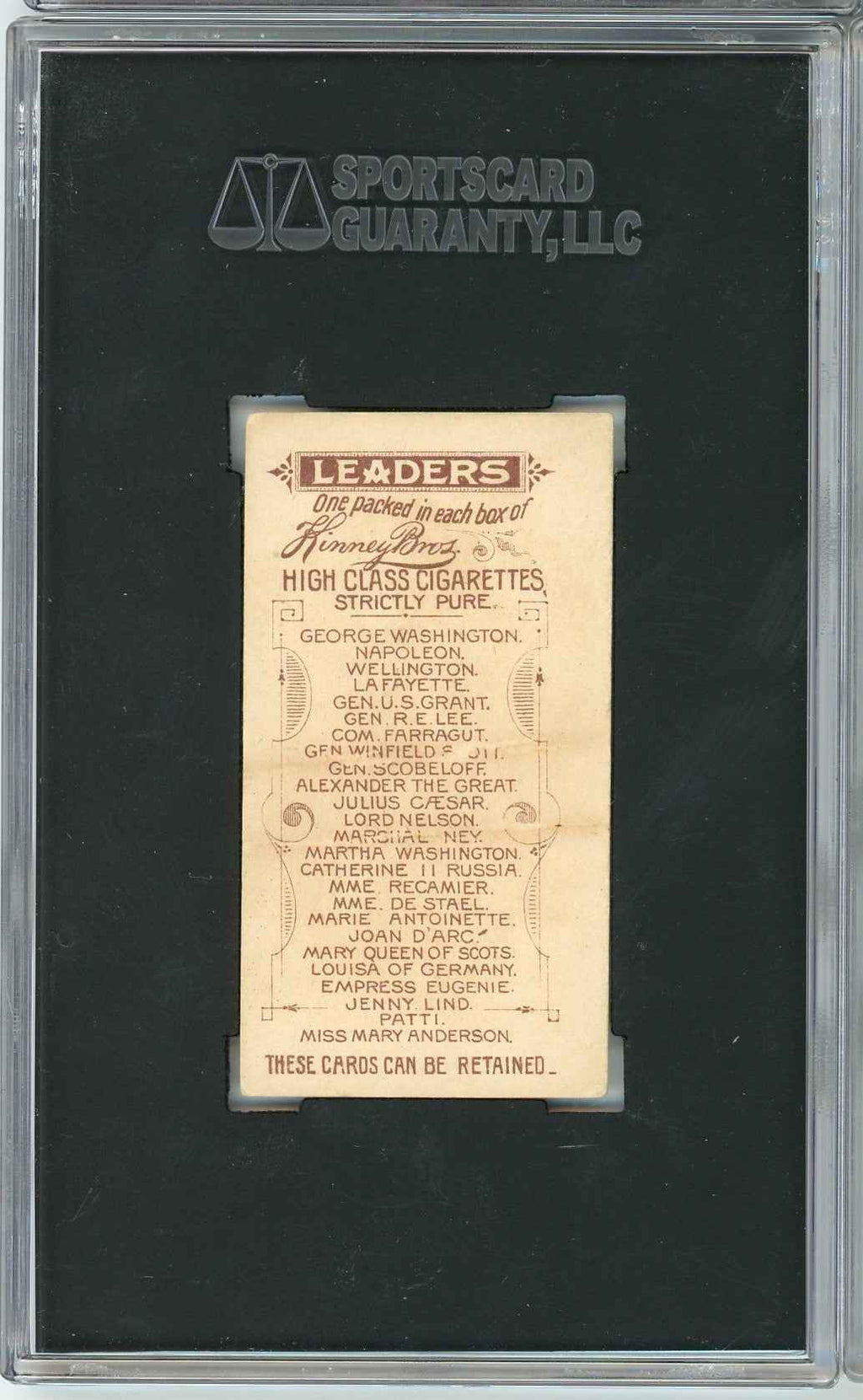 Graded 1889 N222 Kinney Bros. Leaders George Washington Baseball Tobacco Card SGC 2.5 Good