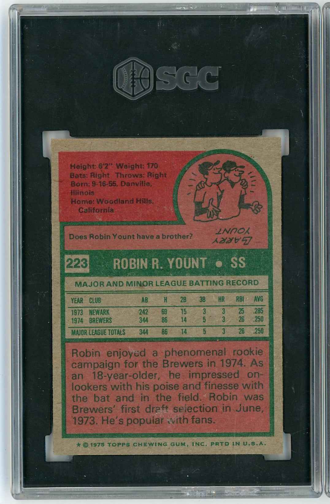 Graded 1975 Topps Robin Yount #223 Rookie RC Baseball Card SGC 7.5 Near Mint+