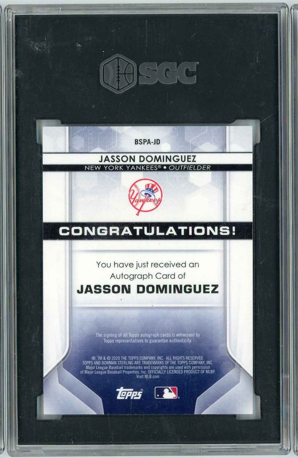 Graded 2020 Bowman Sterling Jasson Dominguez #BSPA-JD Prospect Autograph Rookie RC Baseball Card SGC 10 Gem Mint