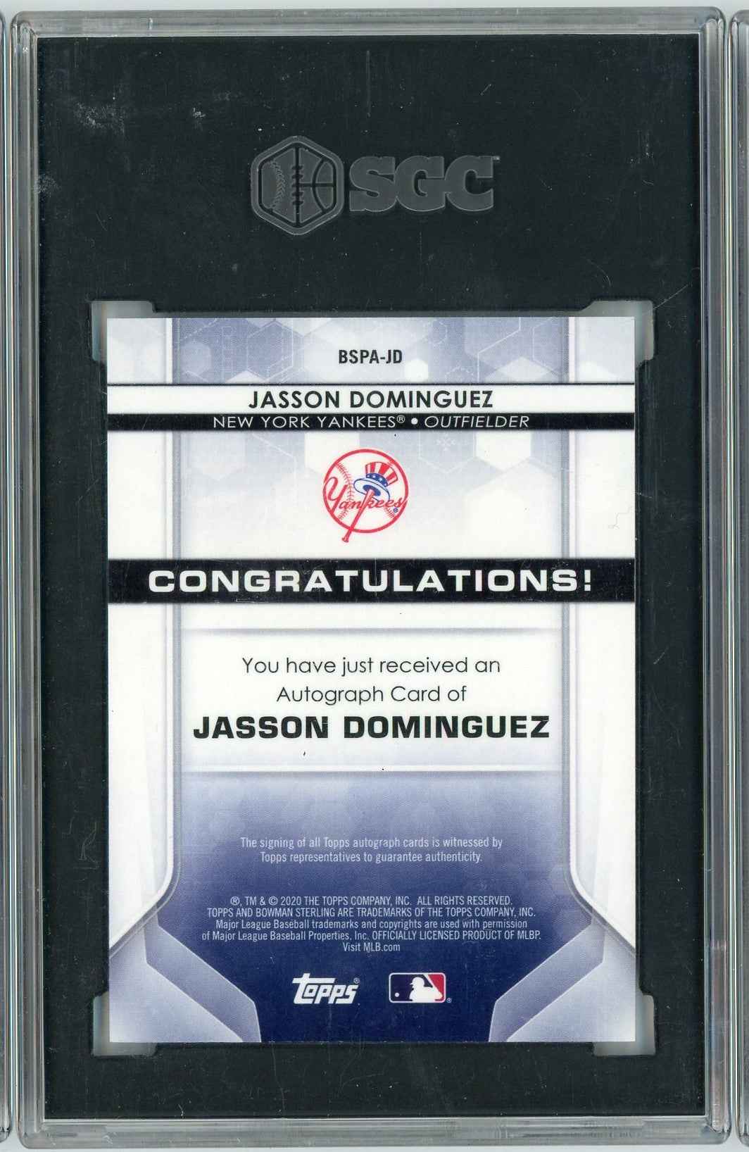 Graded 2020 Bowman Sterling Jasson Dominguez #BSPA-JD Prospect Autograph Rookie RC Baseball Card SGC 10 Gem Mint