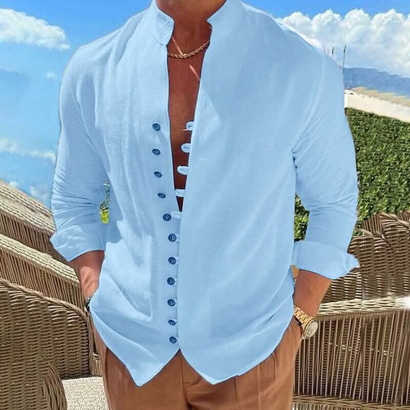 Men's Linen Button Up Shirt Long Sleeve Plain Band Collar