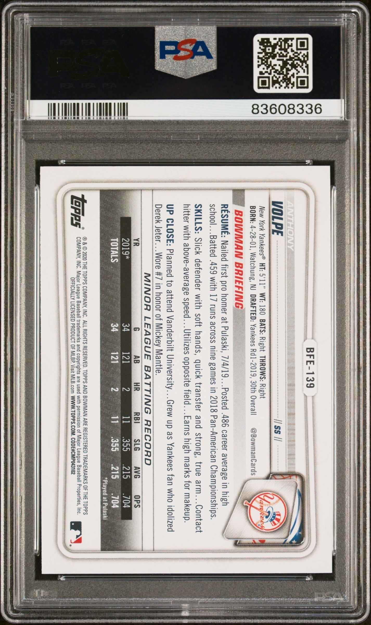 Graded 2020 Topps Bowman 1st Edition Anthony Volpe #BFE139 Sky Blue Foil Rookie RC Baseball Card PSA 10 Gem Mint
