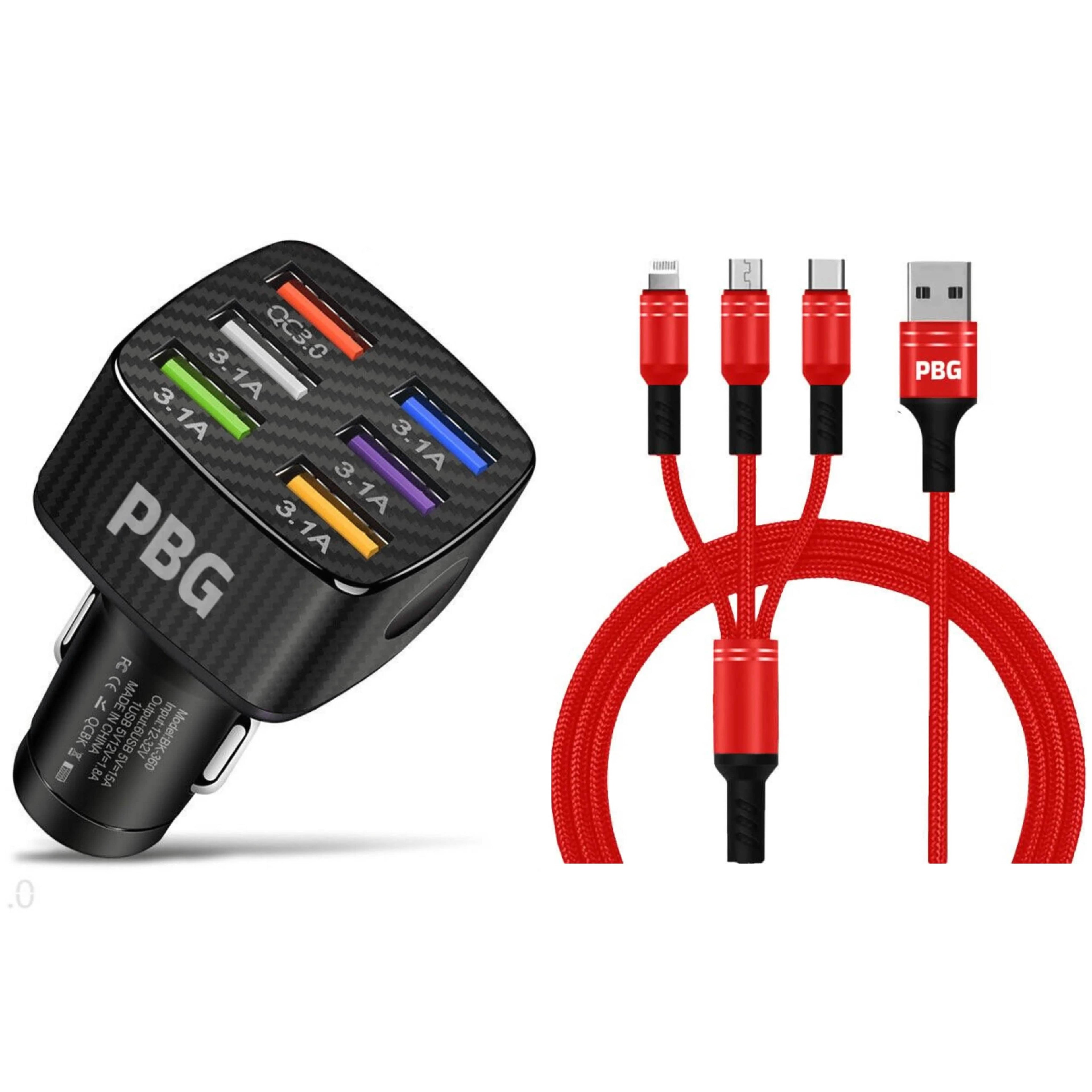 PBG Black LED 6 Port Car Charger and 4FT- 3 In 1 Cable Combo