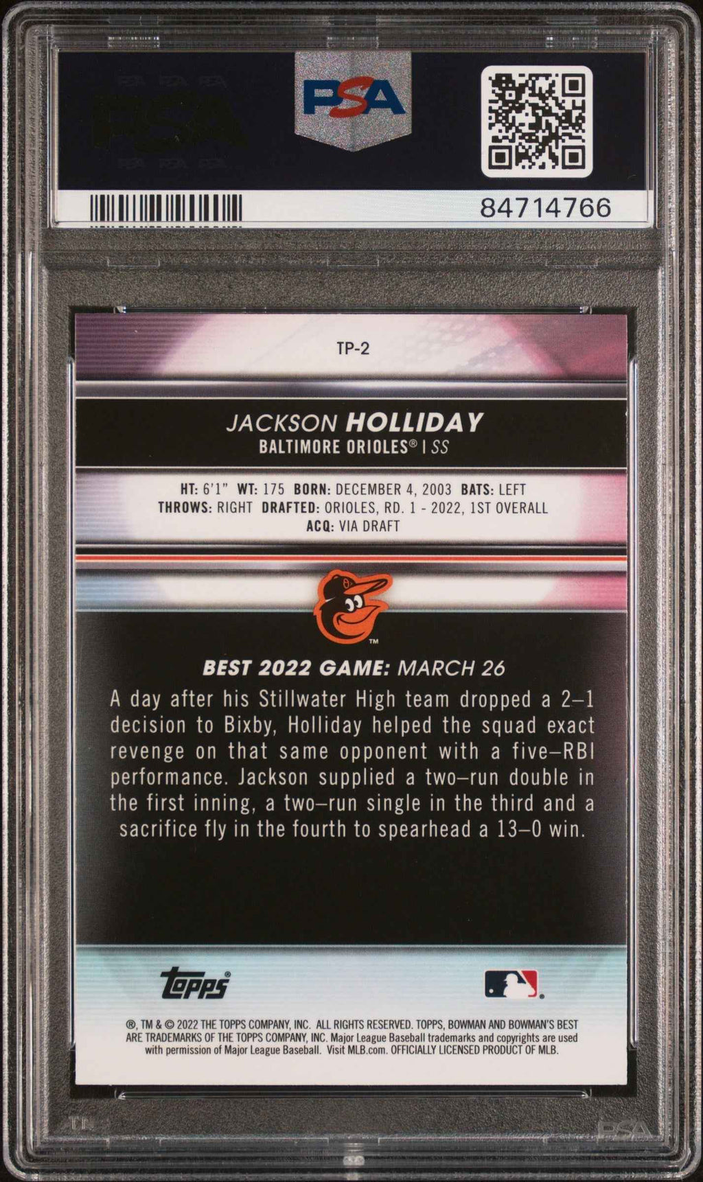 Graded 2022 Topps Bowmans Best Jackson Holliday #TP2 Top Prospects Rookie RC Baseball Card PSA 10 Gem Mint