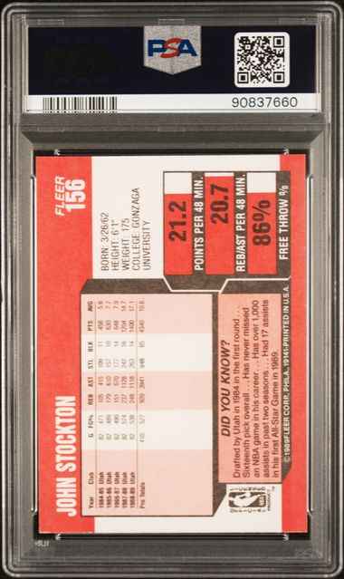 Graded 1989 Fleer John Stockton #156 2nd Year Basketball Card PSA 10 Gem Mint