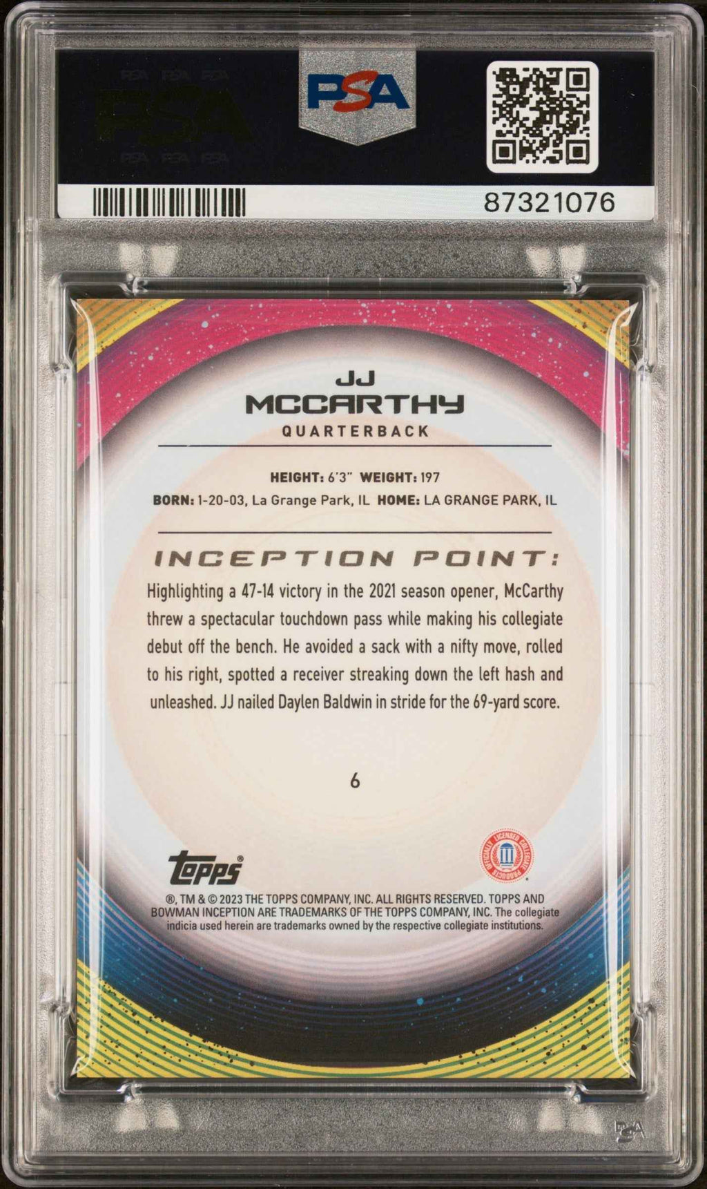Graded 2022 Topps Bowman U Inception JJ McCarthy #6 Rookie RC Football Card PSA 10 Gem Mint