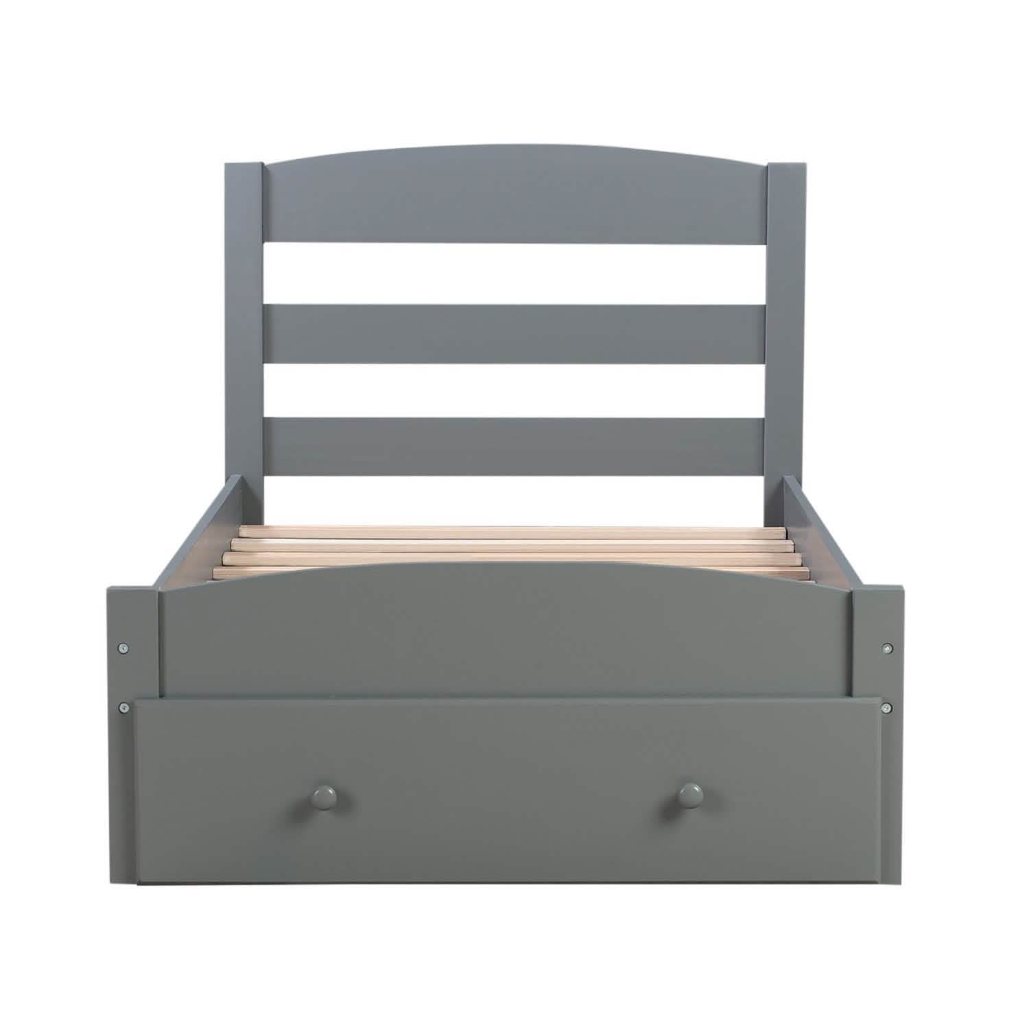 Twin Platform Bed Frame with Storage Drawer Headboard