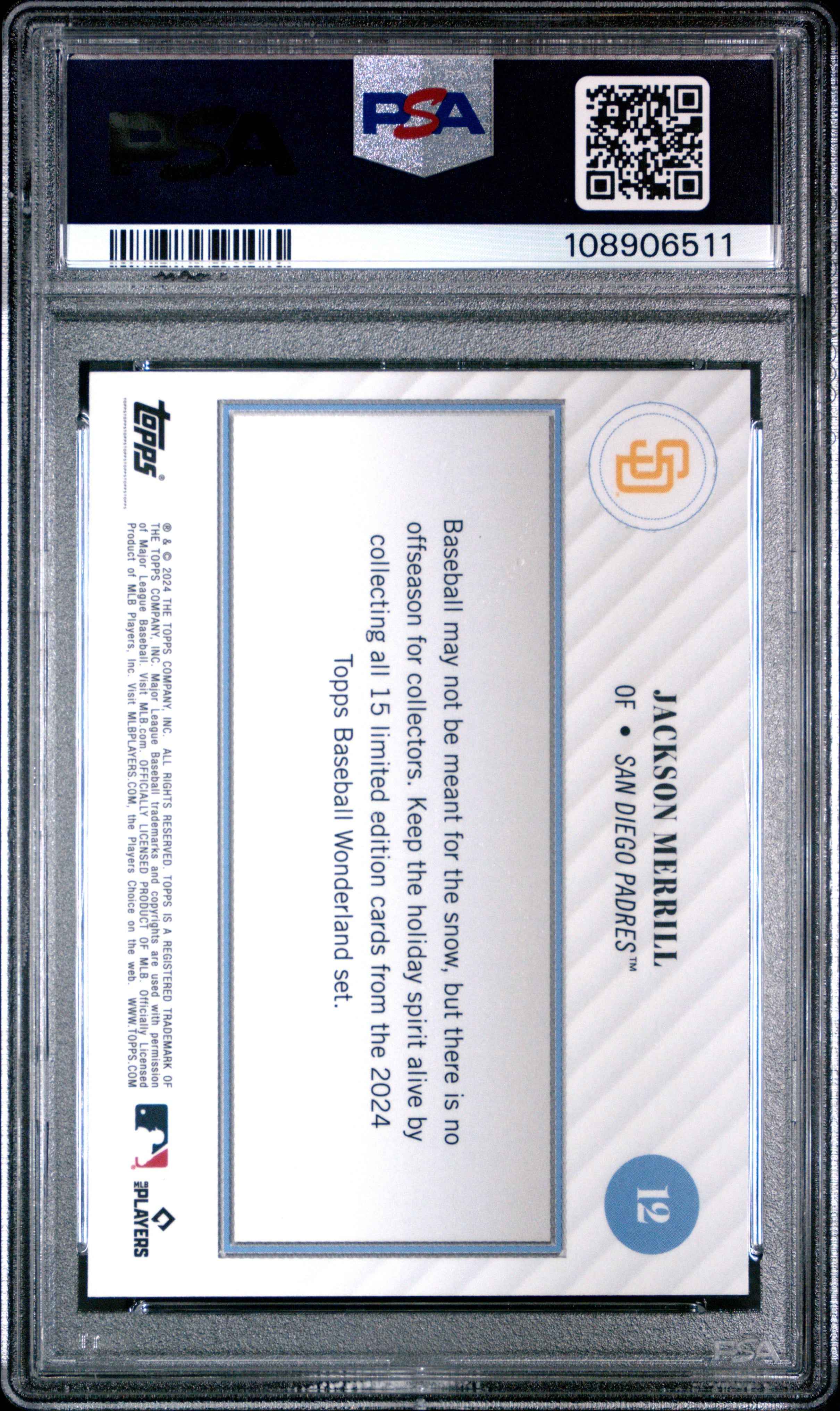 Graded 2024 Topps Wonderland Jackson Merrill #12 Rookie RC Baseball Card PSA 10 Gem Mint