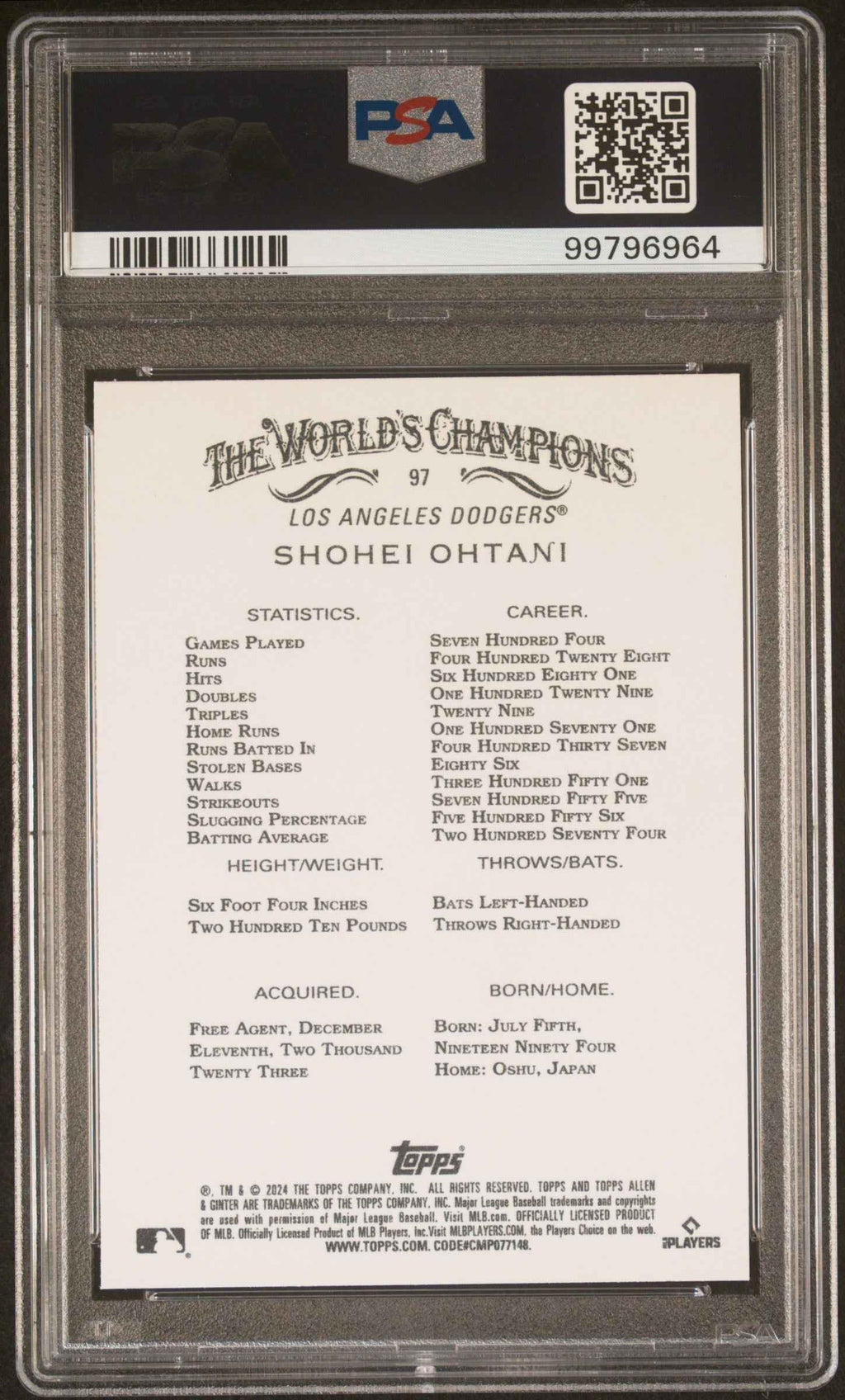 Graded 2024 Topps Allen & Ginter Shohei Ohtani #97 Baseball Card PSA 10 Gem Mint