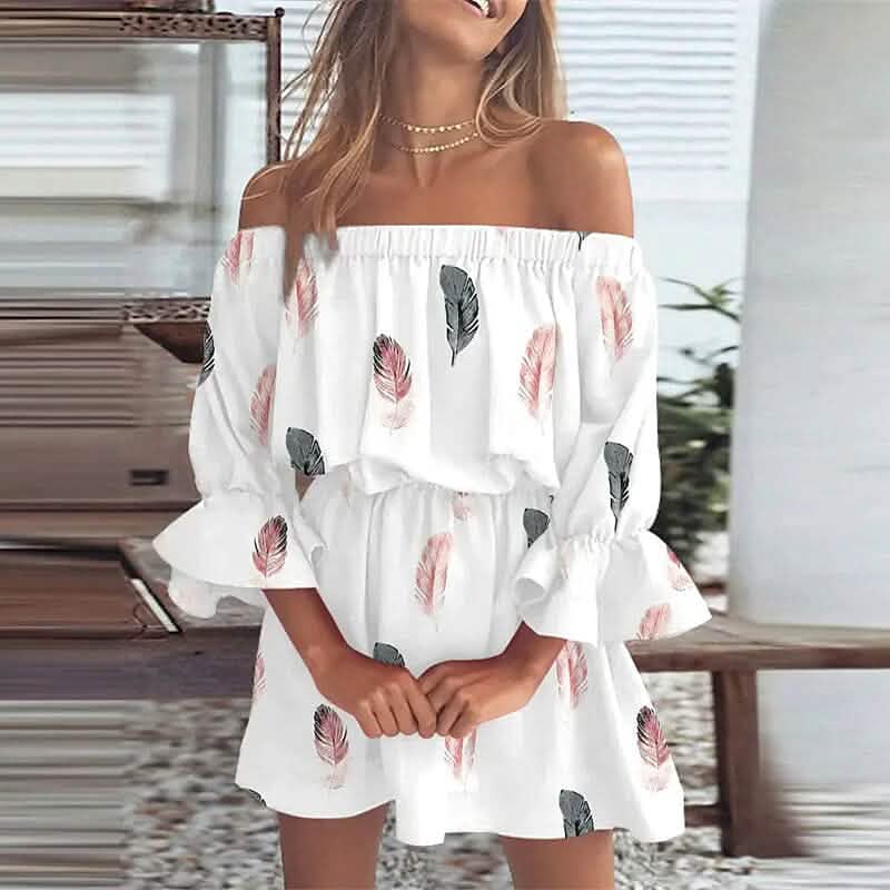 Women's 3/4 Length Sleeve Floral Ruffle Summer Spring Off Shoulder Dress