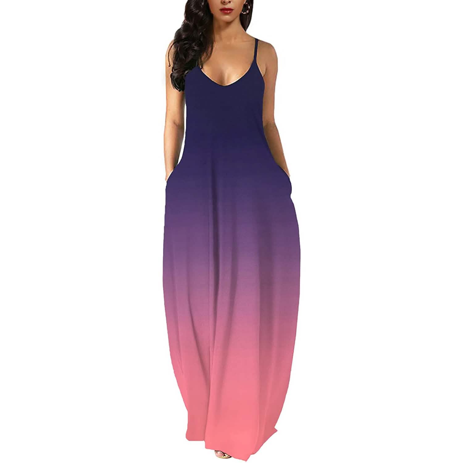 Womens Casual Sleeveless Plus Size Loose Plain Long Maxi Dress with Pockets