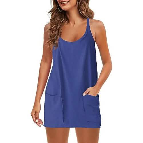 Womens Summer Sleeveless Mini Dress V Neck Spaghetti Strap with Pockets