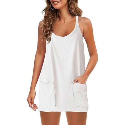 Womens Summer Sleeveless Mini Dress V Neck Spaghetti Strap with Pockets