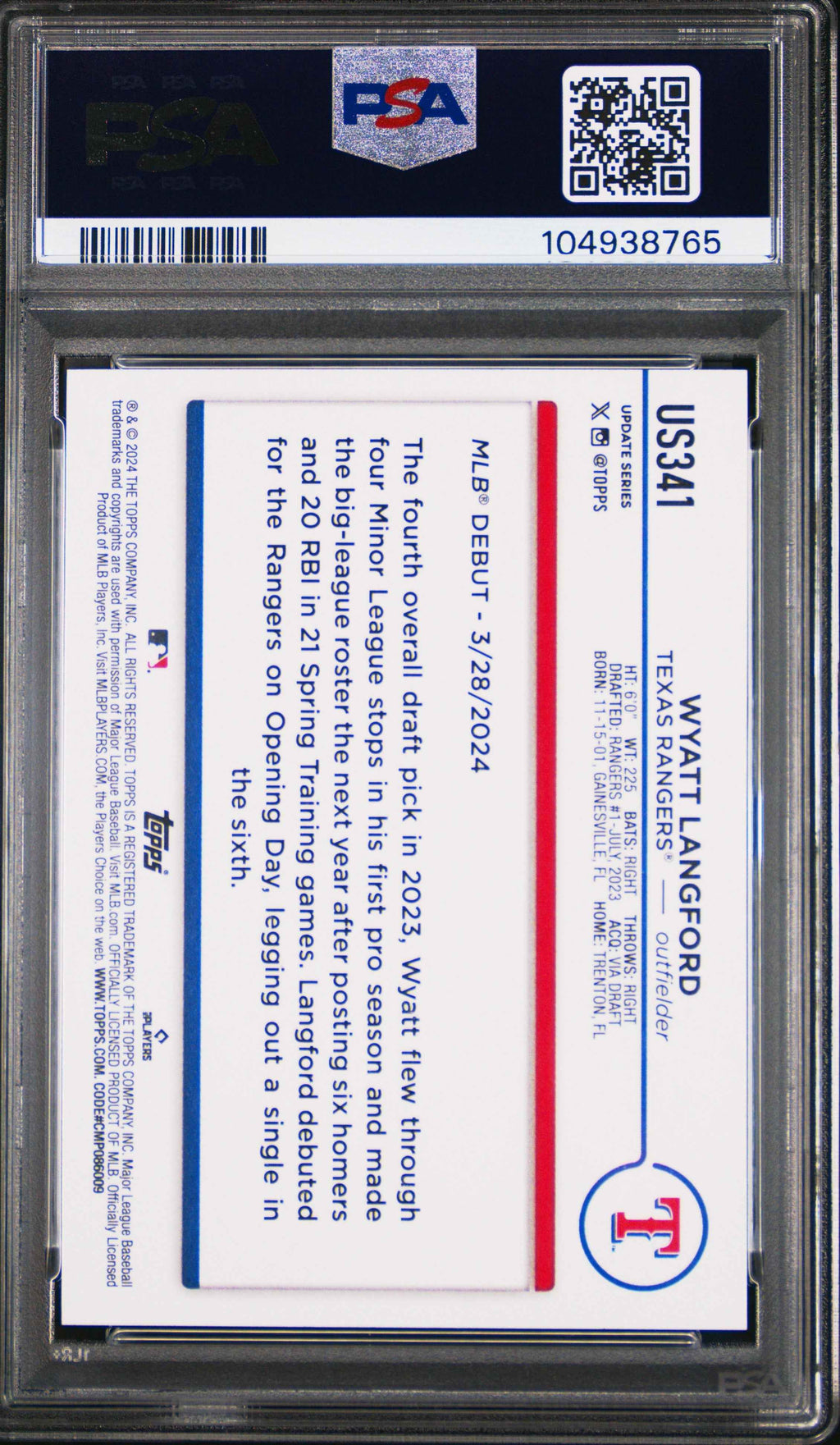 Graded 2024 Topps Update Wyatt Langford #US341 Rookie RC Baseball Card PSA 10 Gem Mint