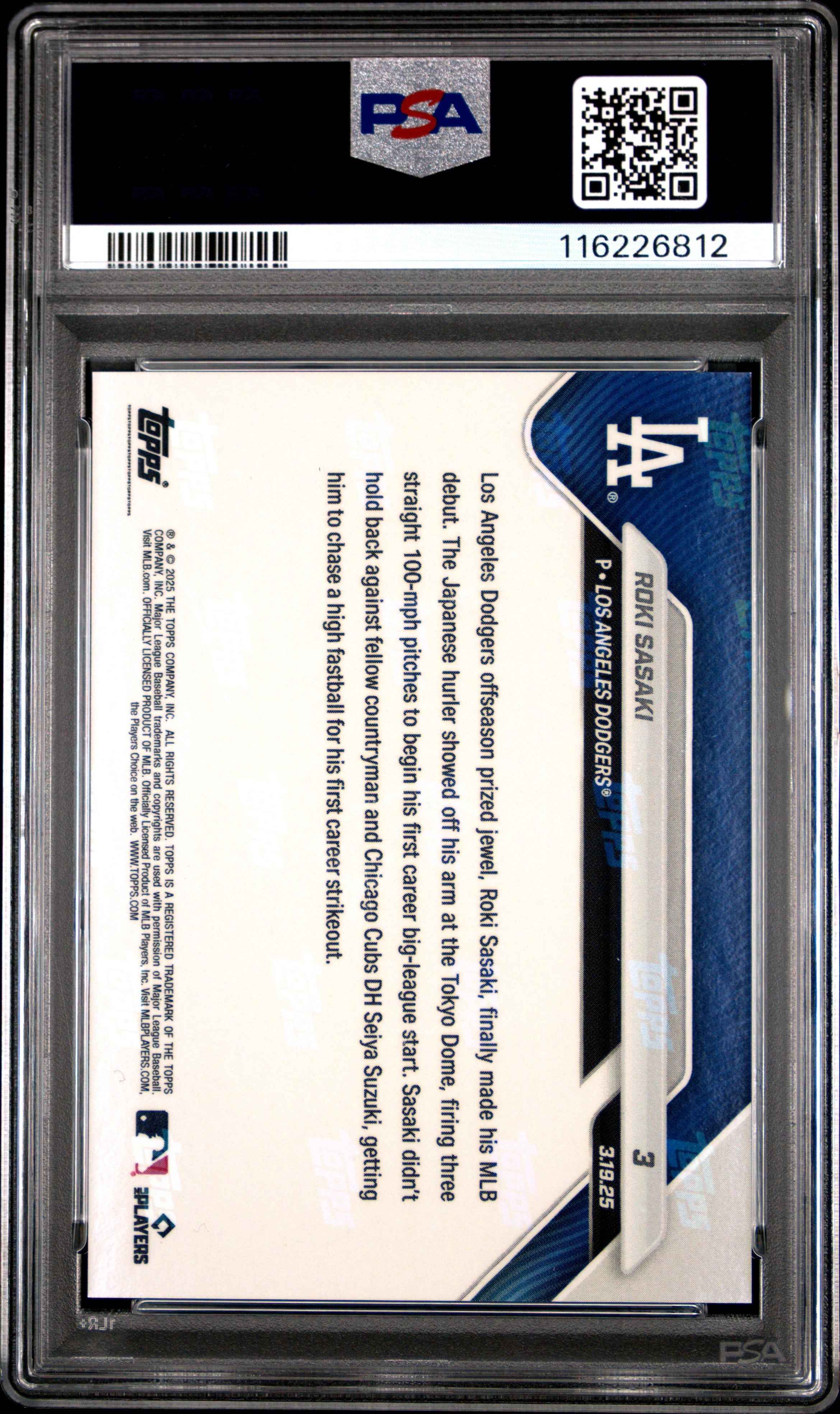 Graded 2025 Topps Now Roki Sasaki #3 Rookie RC Baseball Card PSA 10 Gem Mint